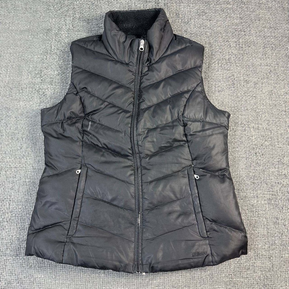 Eddie Bauer EB550 Down Puffer Vest Women M Black Chevron Quilted Fleece Collar